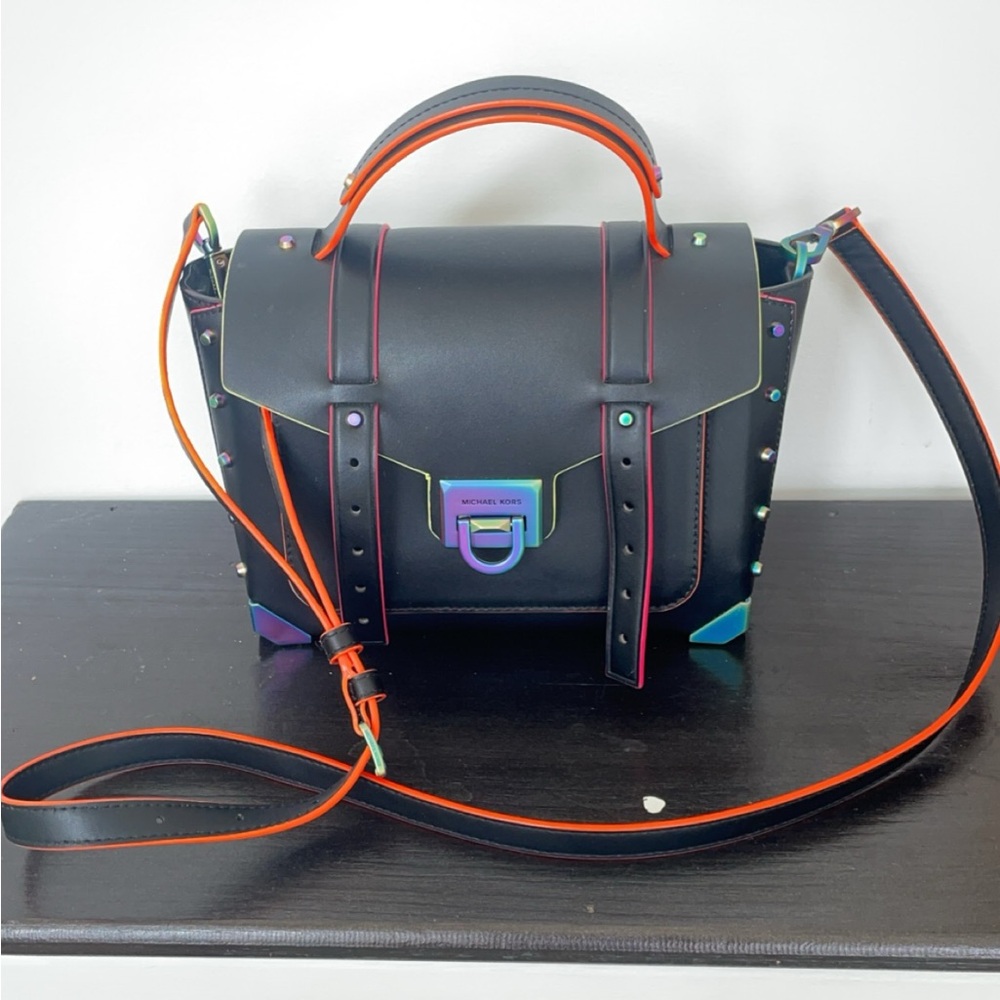 Michael Kors Iridescent and black leather  Contrast Trim Leather Satchel